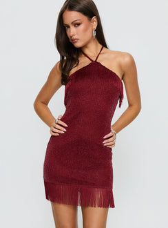 Isabelita Halter Fringe Mini Dress Burgundy | Princess Polly Isabelita Halter Fringe Mini Dress Burgundy | Princess Polly