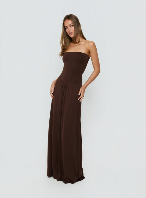 Ophal Strapless Drop Waist Maxi Dress | Brown | Womens