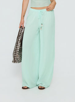 front view of model wearing Princess Polly Distinction Chiffon Pants Aqua Mid Rise Pants 