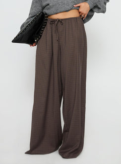 side view of model wearing Princess Polly Bungala Oversized Relaxed Pant Brown Check Mid Rise Pants 