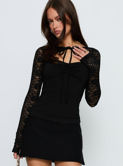 Whitnea Long Sleeve Lace Cut Out Top Black