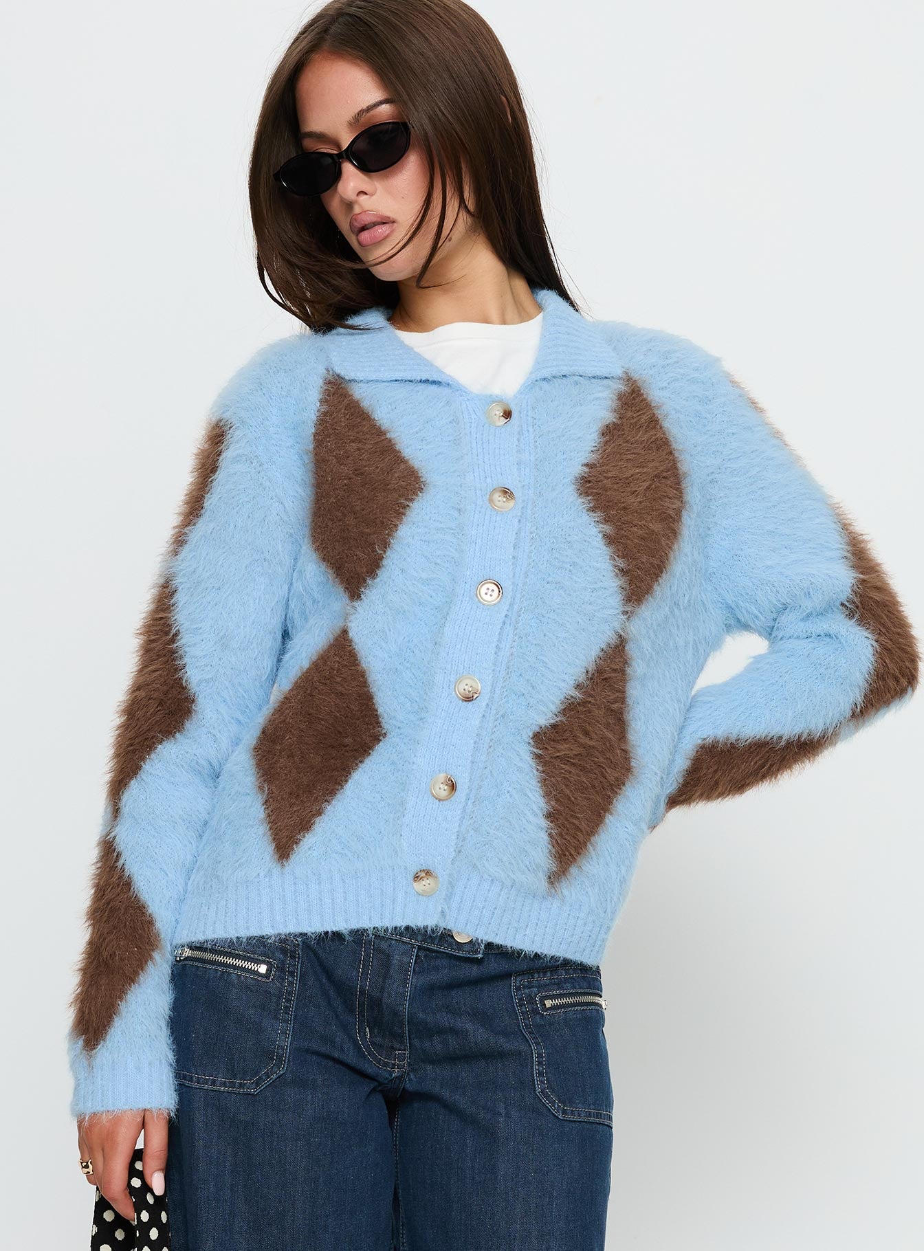 front view of model wearing Princess Polly Lynnsey Fluffy Collared Knit Sweater Blue Argyle Cropped 