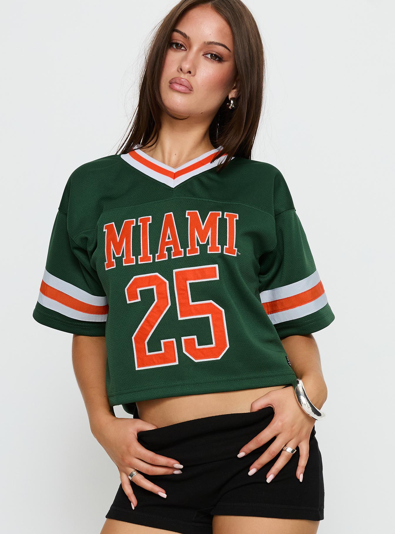 U Miami Cropped Football Jersey Tee Green | Princess Polly