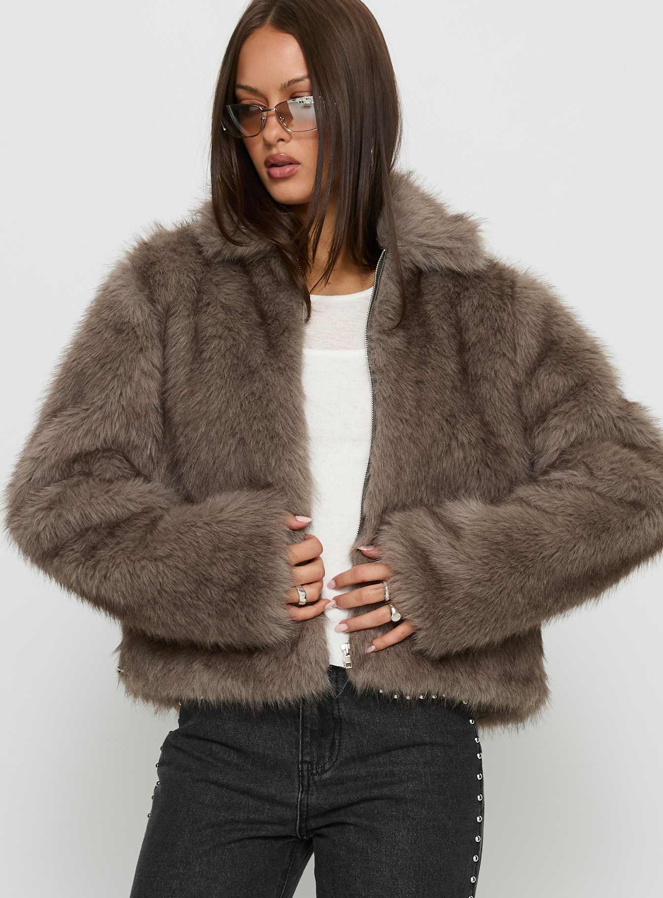 Kimberli Faux Fur Collared Jacket Grey | Princess Polly