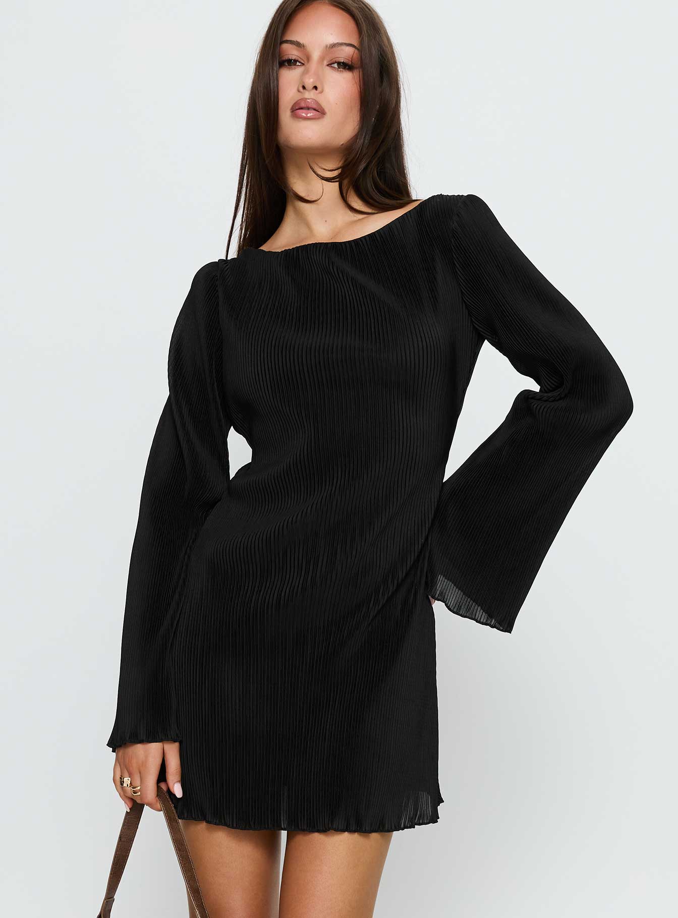 Lukea Long Sleeve Plisse Mini Dress Black | Princess Polly Lukea Long Sleeve Plisse Mini Dress Black | Princess Polly