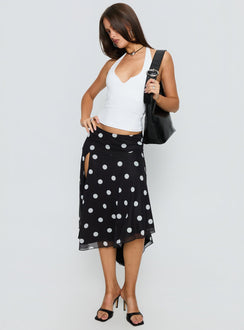   front view of model wearing Princess Polly Dulciana High Split Asymmetrical Midi Skirt Black / Polka Dot Midi Skirts 
