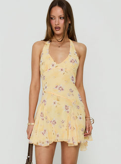 Isidorah Halter Pleat Mini Dress Blurred Yellow Floral