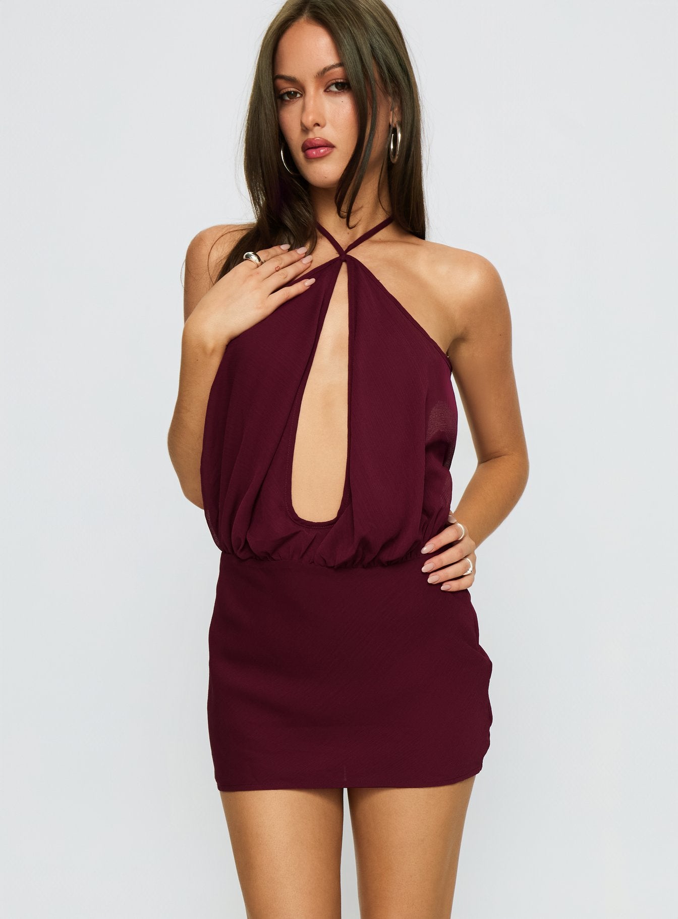 Drifting Away Chiffon Mini Dress Currant | Princess Polly