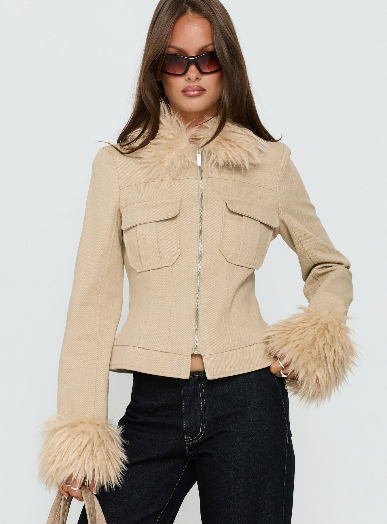 Nindie Faux Fur Contrast Jacket Tan