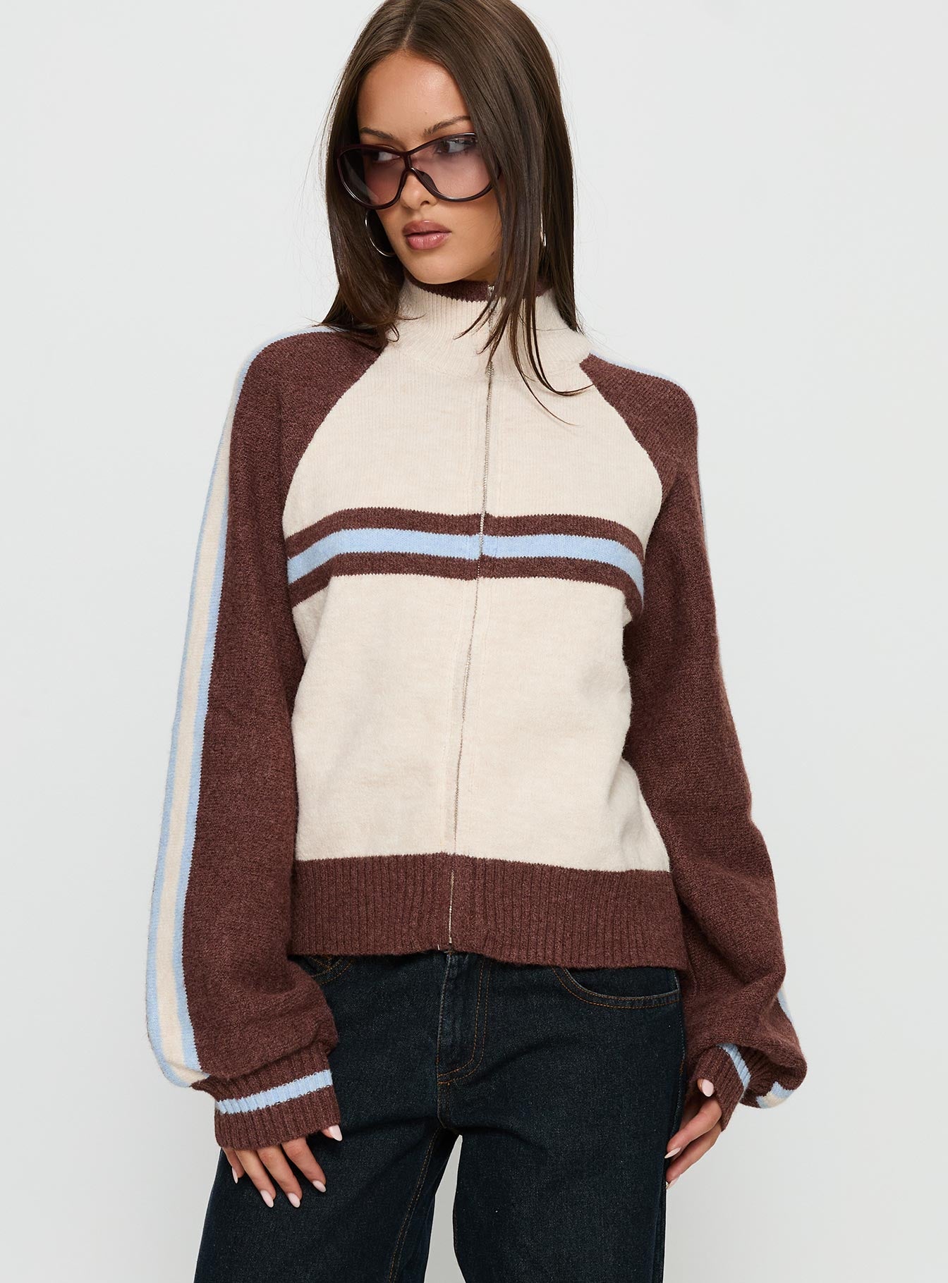 Lexanne Zip Through Knit Jumper Cream Multi | Princess Polly