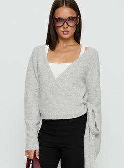 front view of model wearing Princess Polly Tonee Wrap Knit Cardigan Grey Cropped Jumpers 