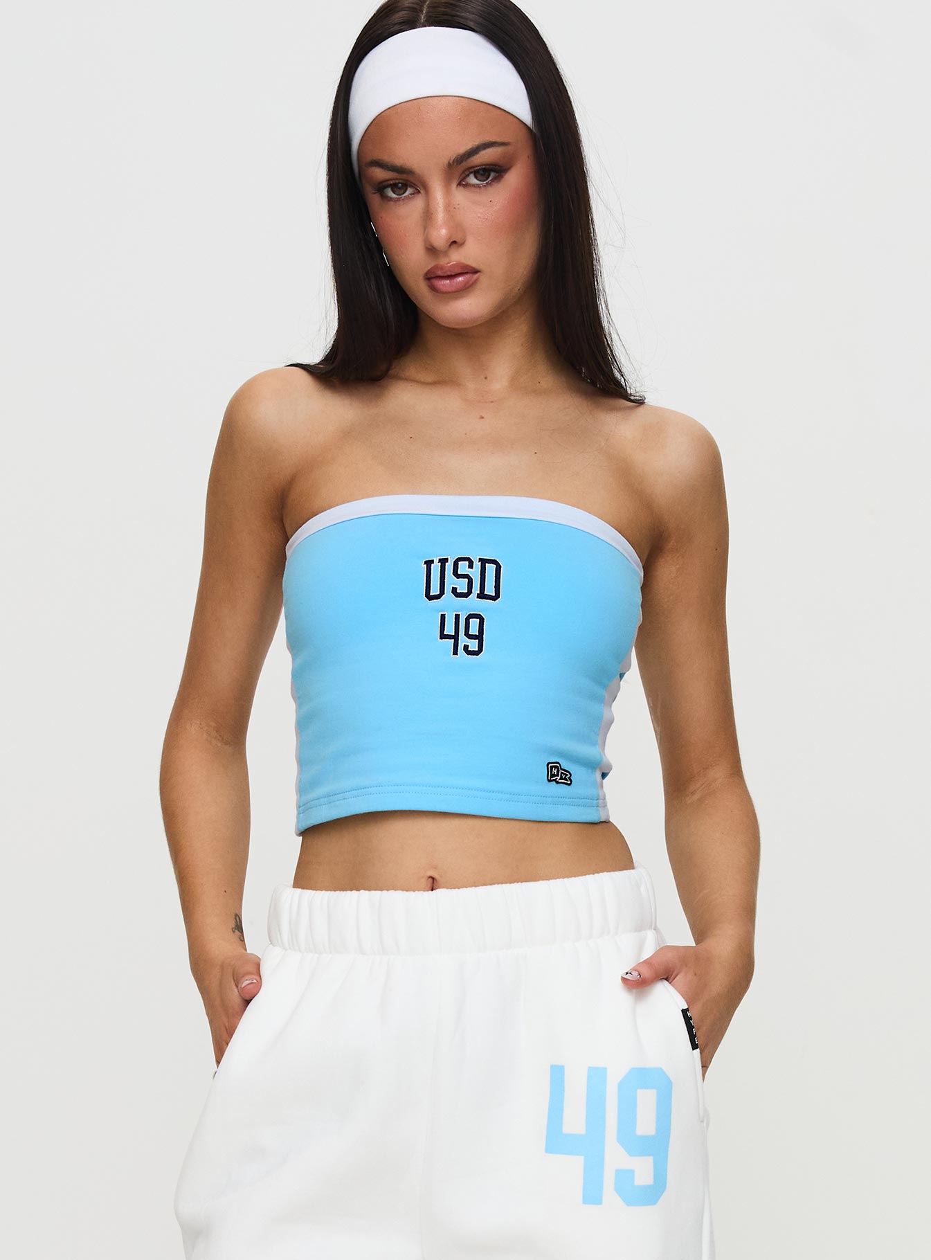 front view of model wearing Princess Polly USD All Star Tube Top Blue Sleeveless straight 