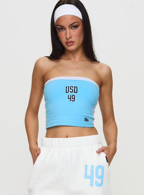 front view of model wearing Princess Polly USD All Star Tube Top Blue Sleeveless straight 