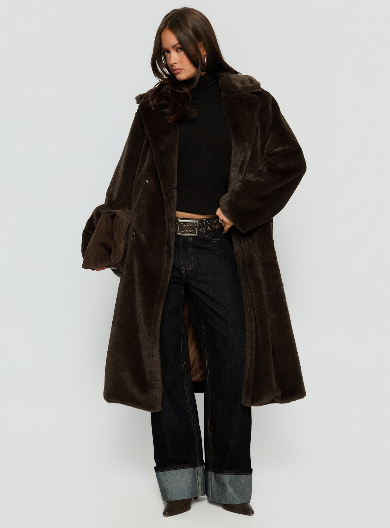 Alvie Longline Faux Fur Coat Brown | Princess Polly