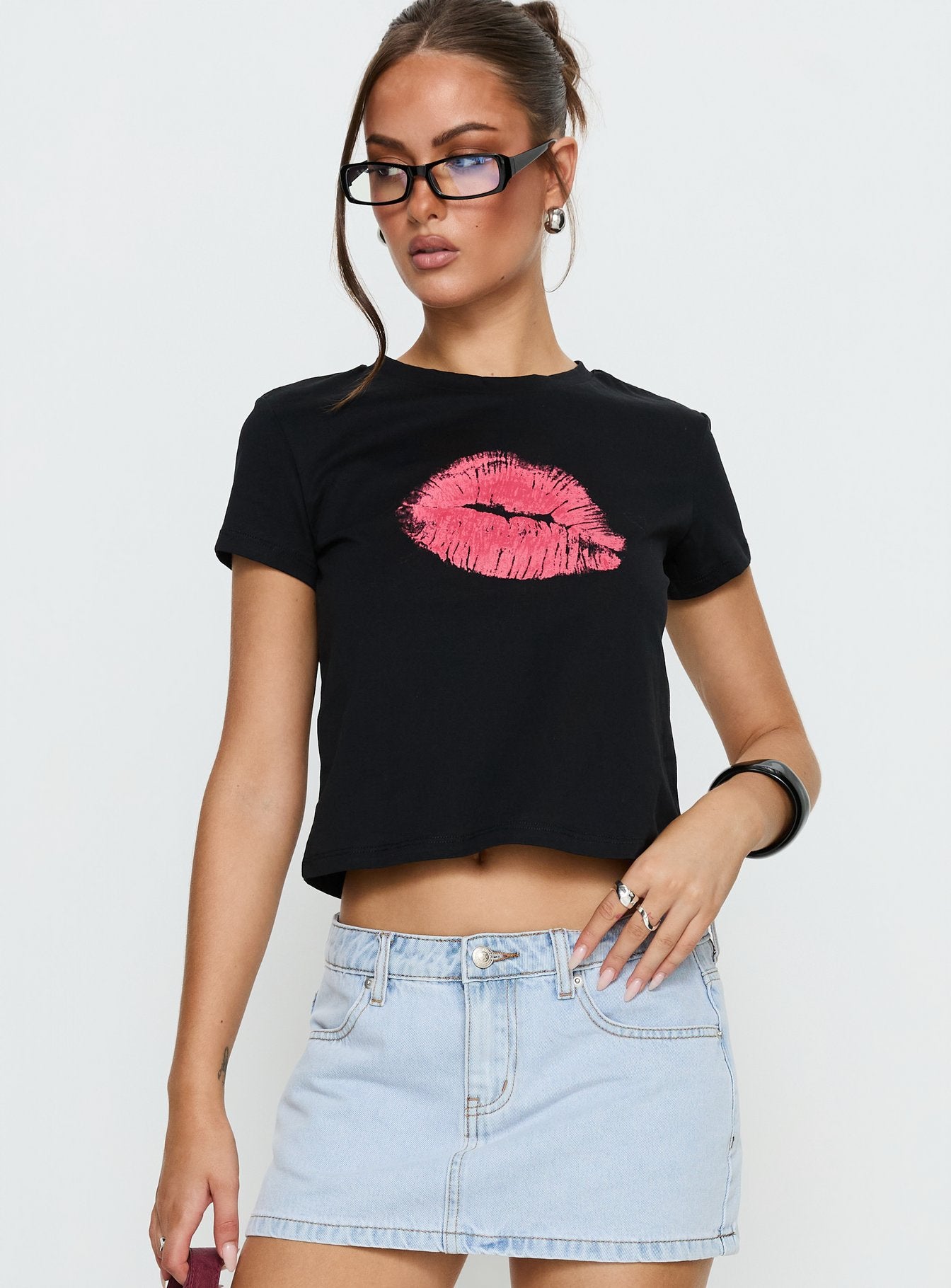 Kiss Kiss Graphic Baby Tee Black | Princess Polly