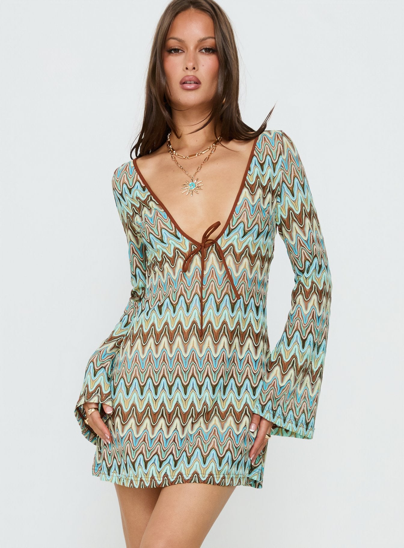 Rizario Long Sleeve Crochet Mini Dress | Blue Multi | Womens | Princess Polly Lower Impact Rizario Long Sleeve Crochet Mini Dress | Blue Multi | Womens | Princess Polly Lower Impact