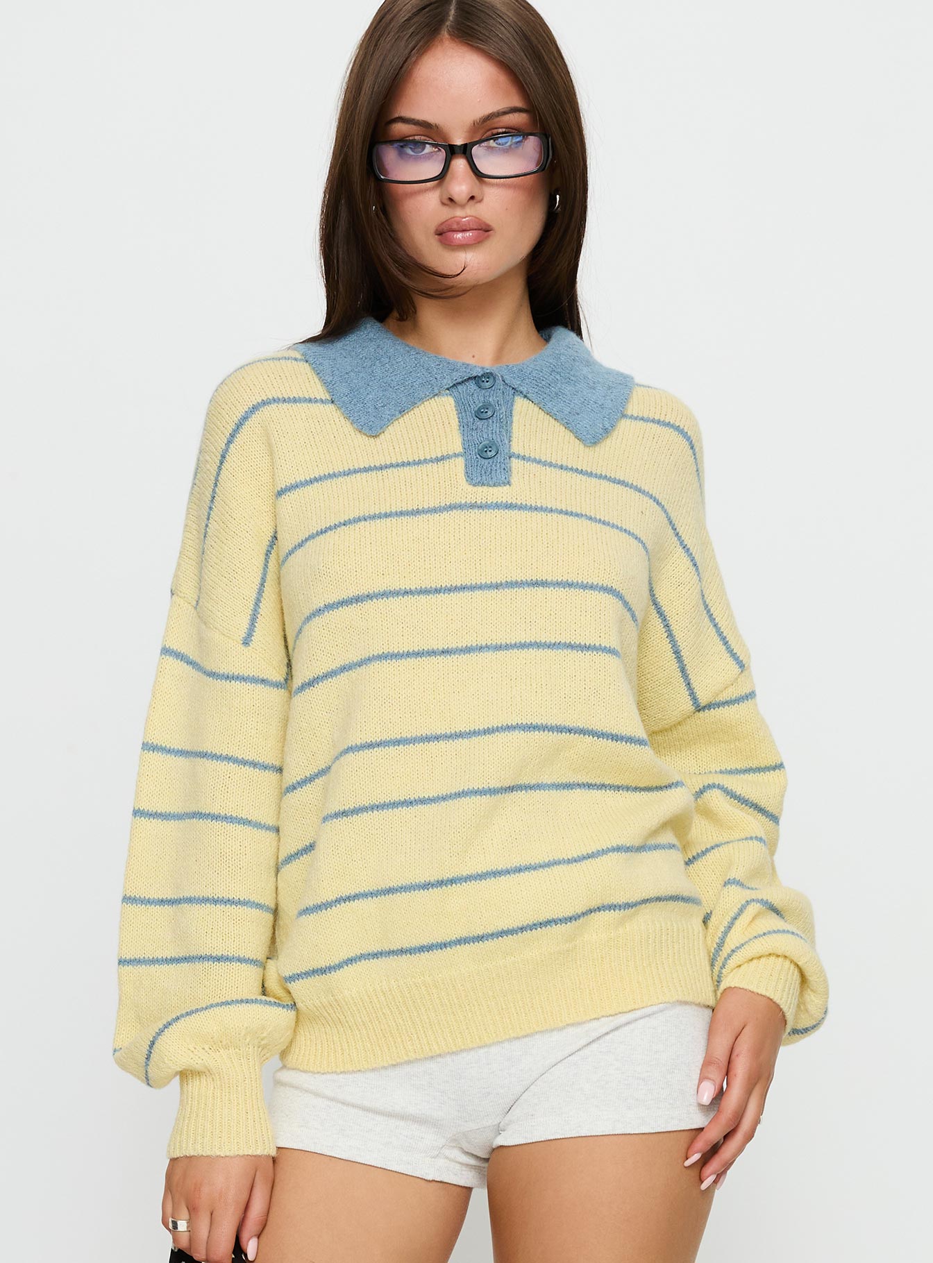 Minda Collared Knit Sweater Yellow Stripe | Princess Polly