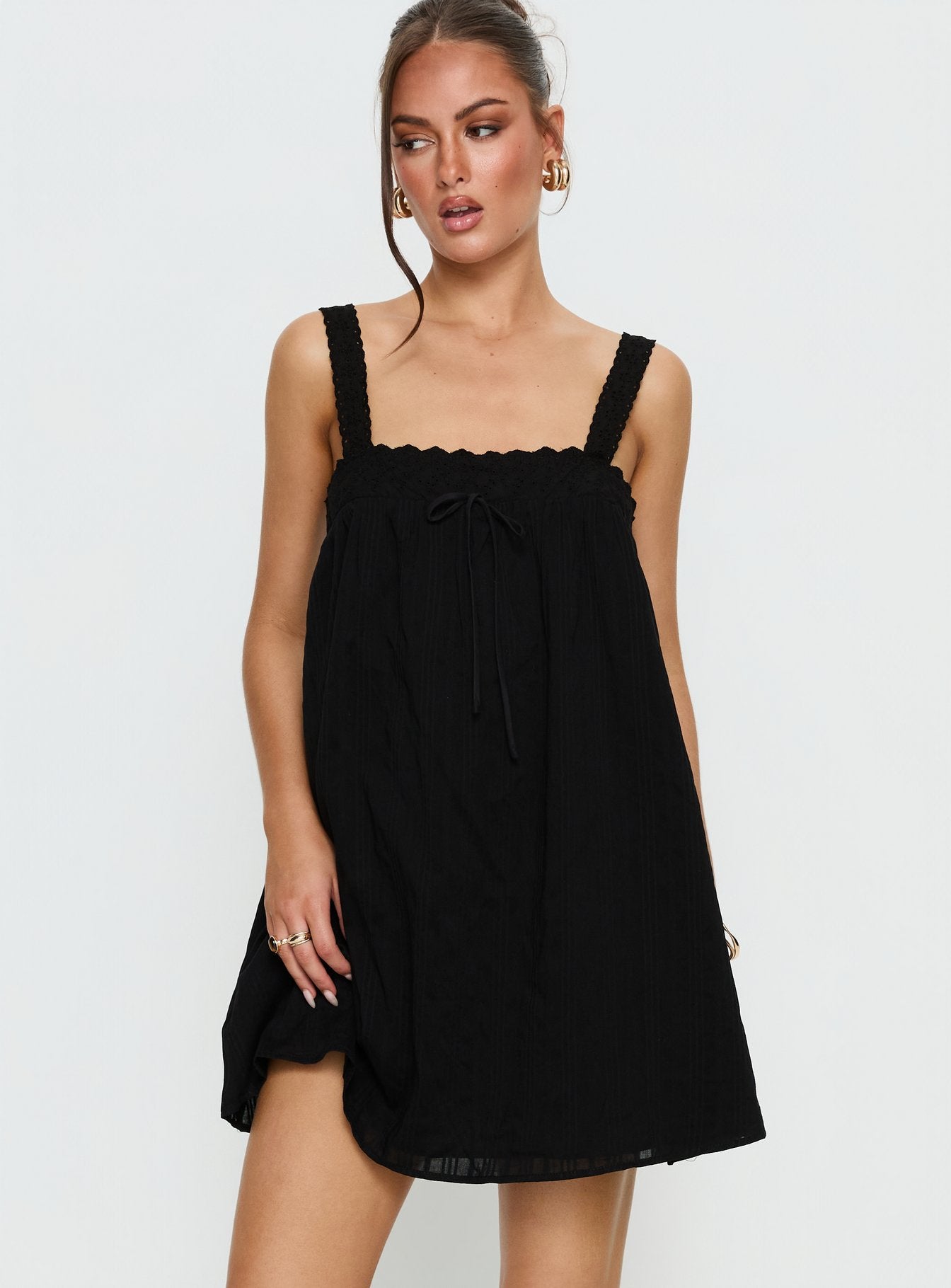floaty mini dresses Reason To Stay Lace Trim Floaty Mini Dress | Black | Womens