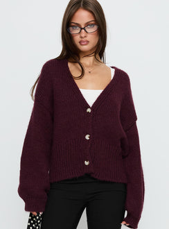 front view of model wearing Princess Polly Yasmyn Knit Cardigan Burgundy 