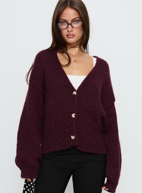 front view of model wearing Princess Polly Yasmyn Knit Cardigan Burgundy 
