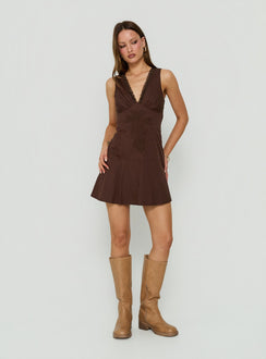 Splashy Lace Trim Mini Dress Chocolate
