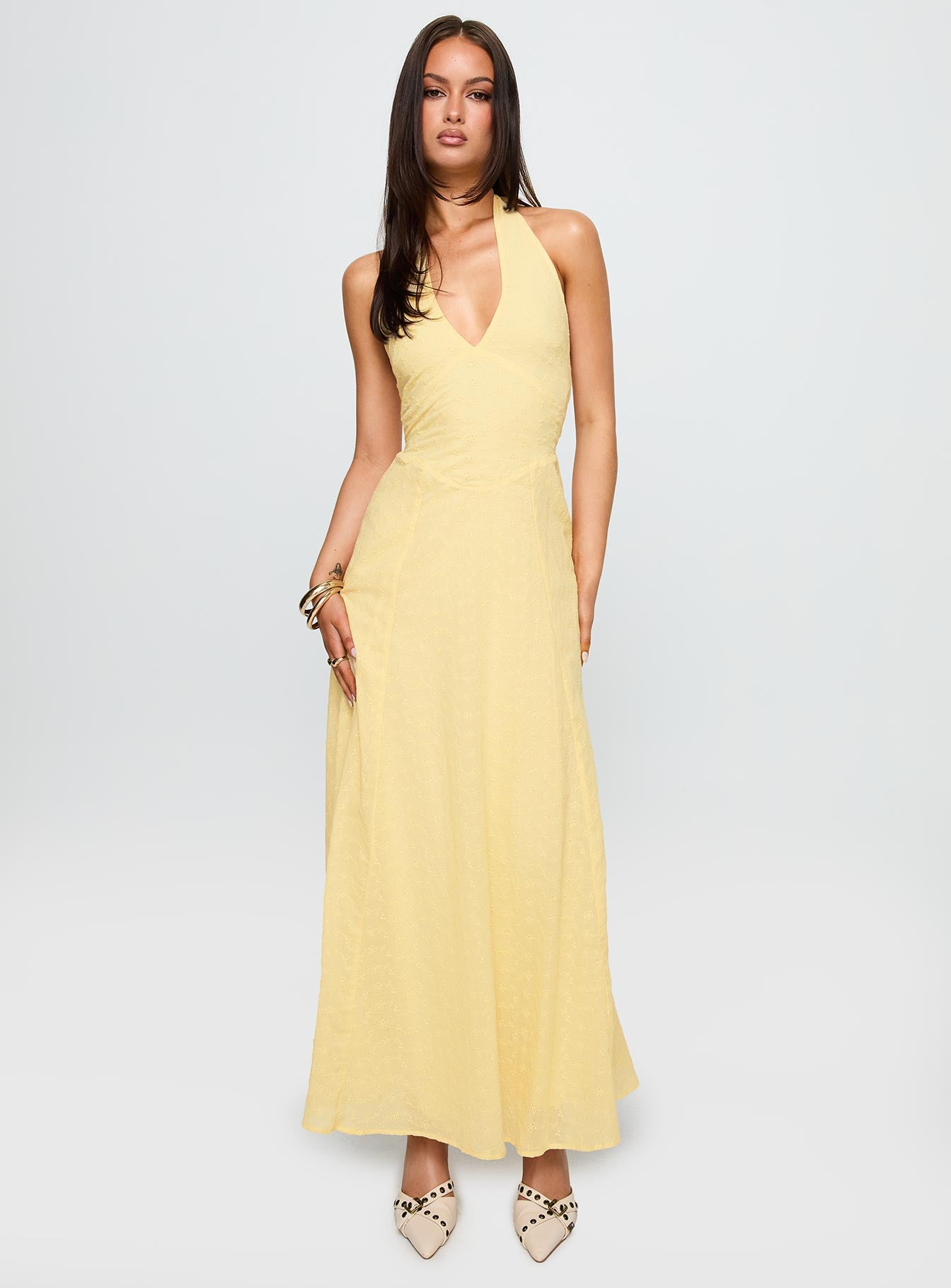front view of model wearing Princess Polly Summer State Halter Maxi Dress Yellow Plunger 