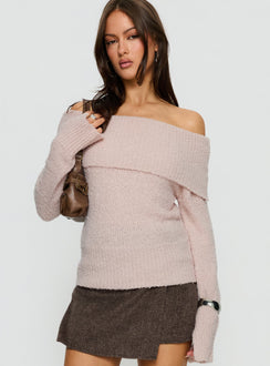 front view of model wearing Princess Polly Clairissa Off Shoulder Knit Sweater Pink Longline Jumpers 