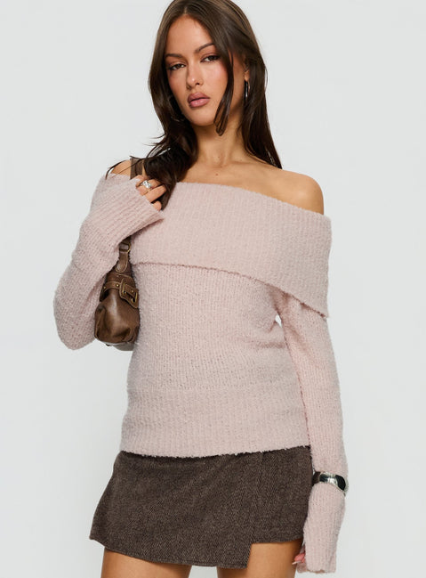front view of model wearing Princess Polly Clairissa Off Shoulder Knit Sweater Pink Longline Jumpers 