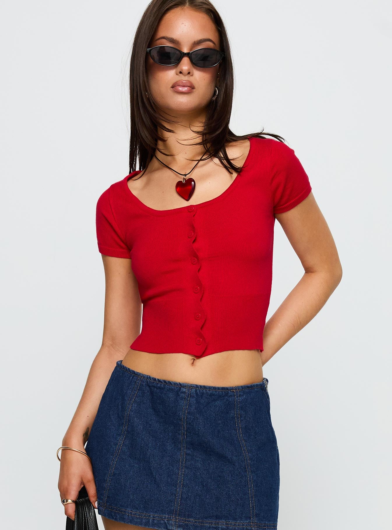 front view of model wearing Princess Polly Pretty Sweet Button Up Top Red Short Sleeves Scoop Neck 