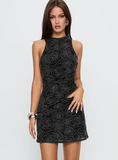 back view of model wearing Princess Polly Forget Me Diamonte Mini Skirt Black Mini Skirts 