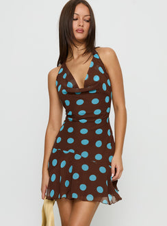 Karolie Halter Plunge Mini Dress Brown | Blue Polka Dot | Brown | Blue Polka Dot | Womens | Princess Polly Karolie Halter Plunge Mini Dress Brown | Blue Polka Dot | Brown | Blue Polka Dot | Womens | Princess Polly