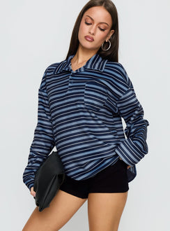 front view of model wearing Princess Polly Mystris Collared Jumper Blue Stripe Longline Jumpers 
