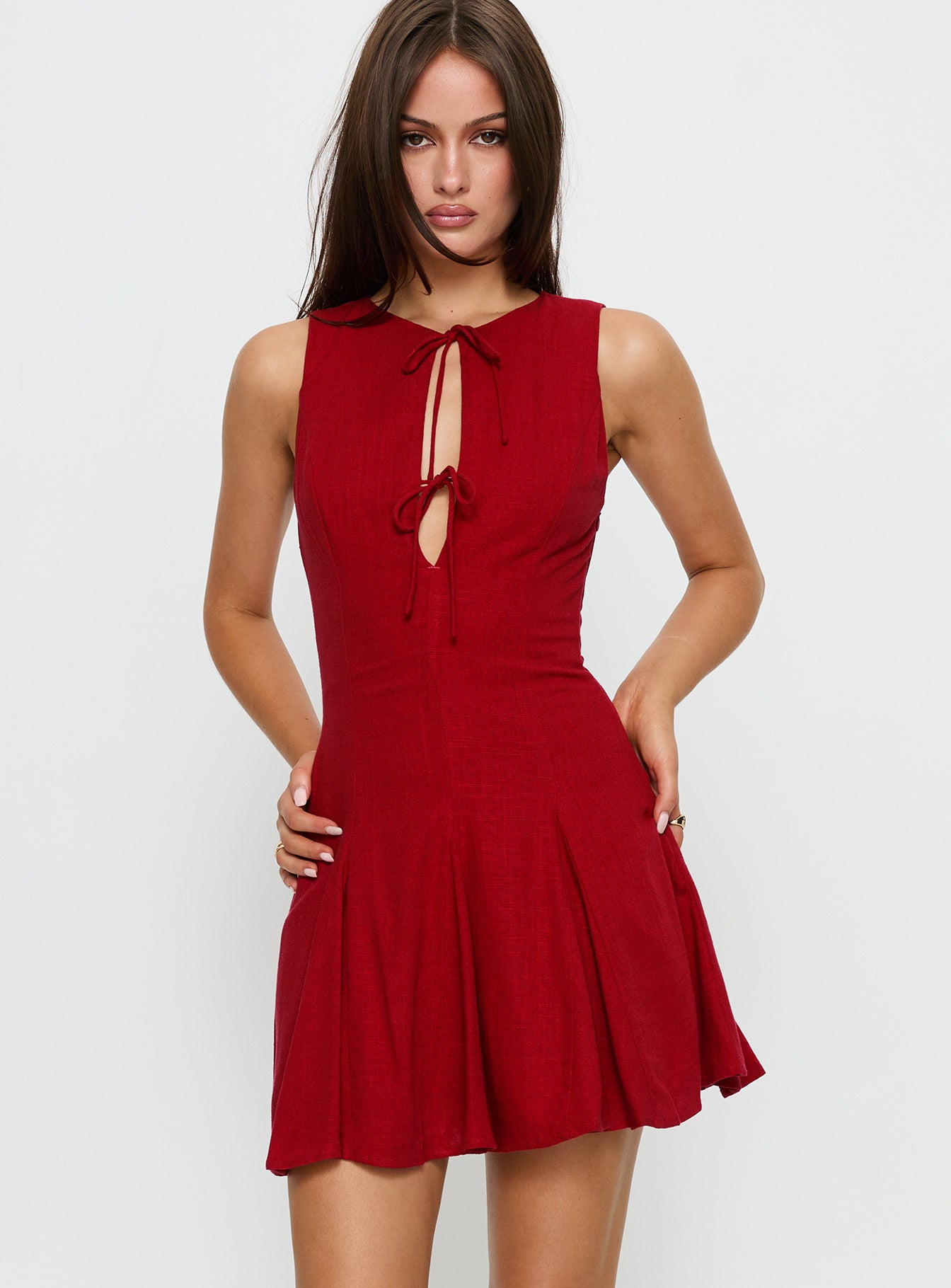 Aeryn Tie Front Mini Dress | Red | Womens | Princess Polly Lower Impact Aeryn Tie Front Mini Dress | Red | Womens | Princess Polly Lower Impact