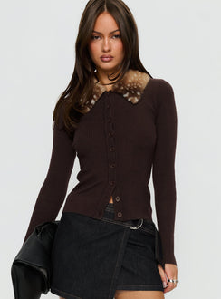 front view of model wearing Princess Polly Chiqueeta Faux Fur Trim Knit Cardigan Brown 