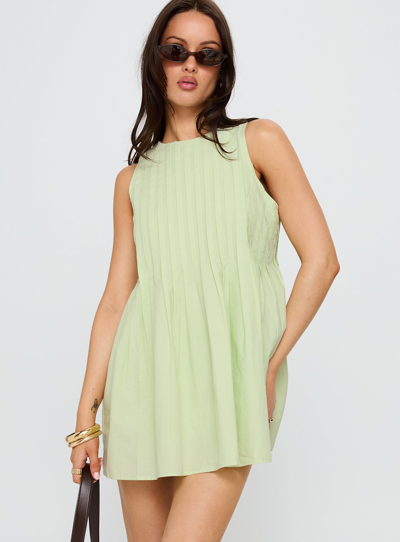 Dreamboat Pleated Mini Dress Matcha | Princess Polly Dreamboat Pleated Mini Dress Matcha | Princess Polly
