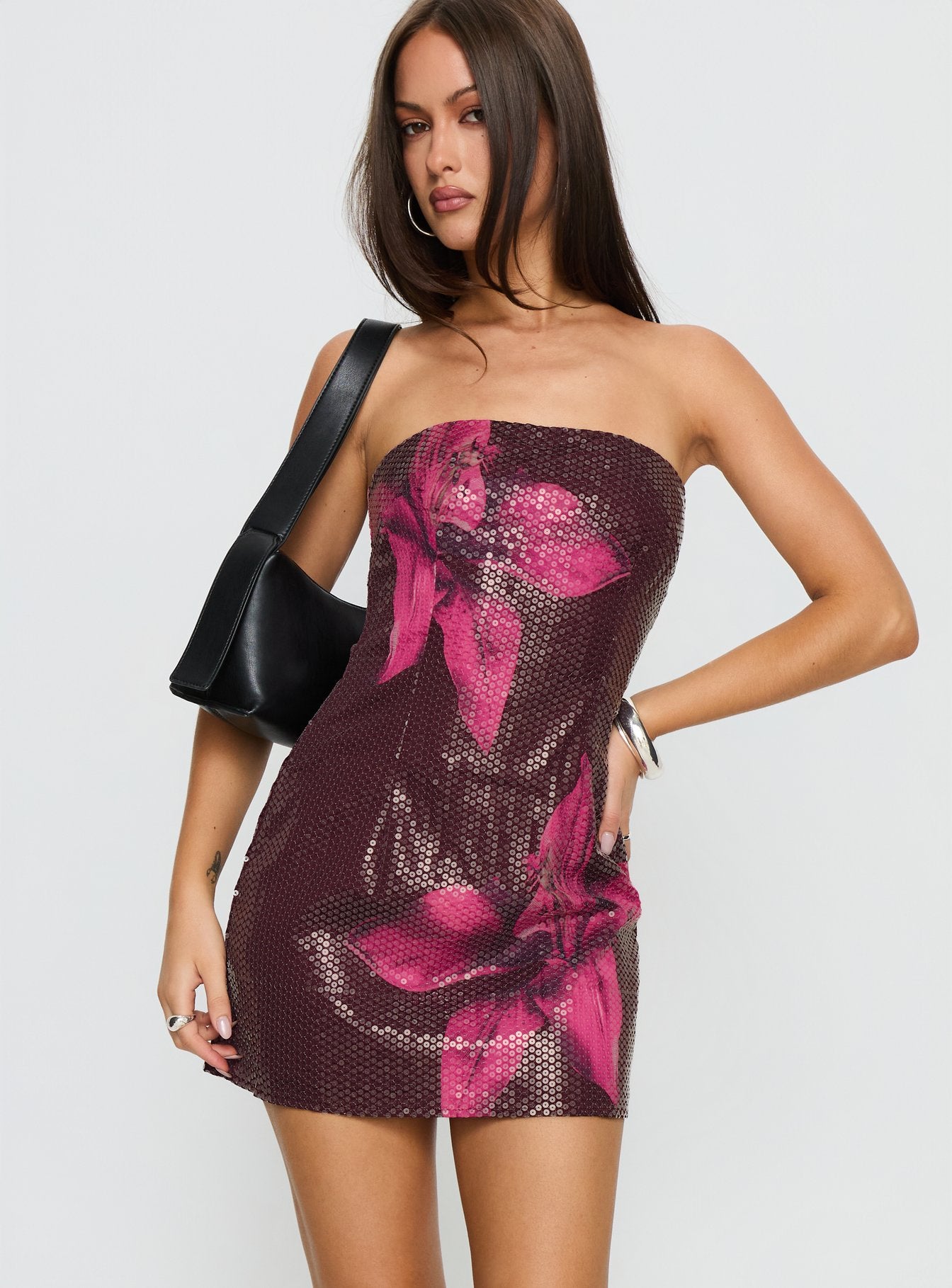 Desiri Strapless Sequin Mini Dress Brown | Pink Floral | Brown | Pink Floral | Womens | Princess Polly Lower Impact Desiri Strapless Sequin Mini Dress Brown | Pink Floral | Brown | Pink Floral | Womens | Princess Polly Lower Impact
