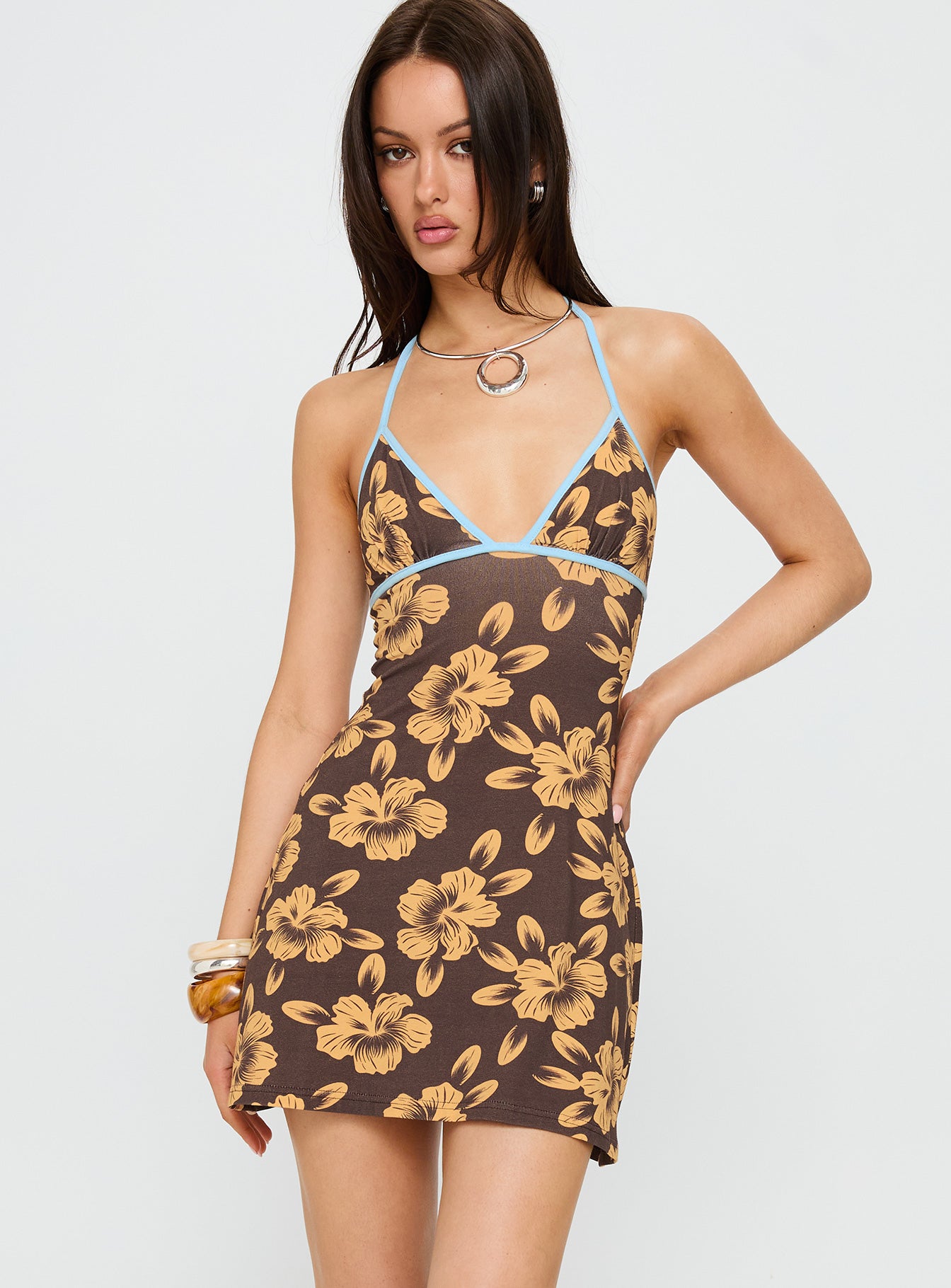Mishie Halter Mini Dress Brown / Blue Floral | Princess Polly Mishie Halter Mini Dress Brown / Blue Floral | Princess Polly