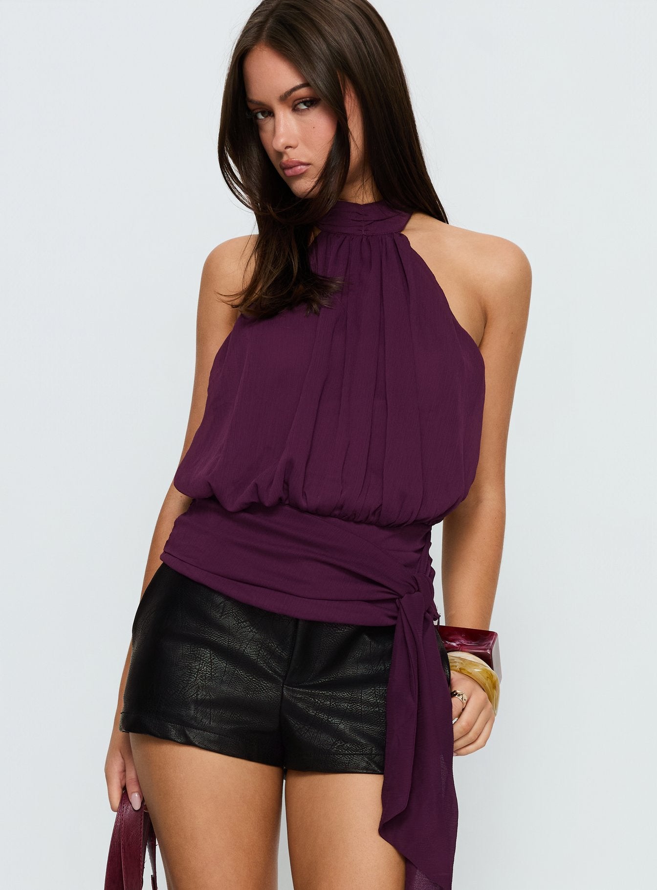 Faythe High Neck Tie Top Berry | Princess Polly