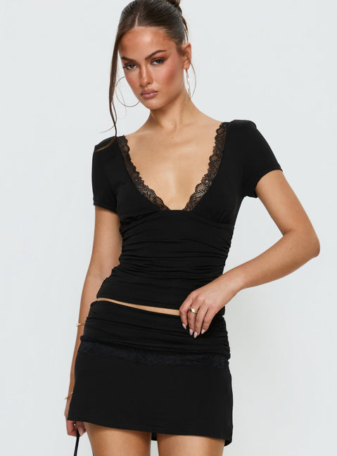 Amia Lace V Neck Top Black
