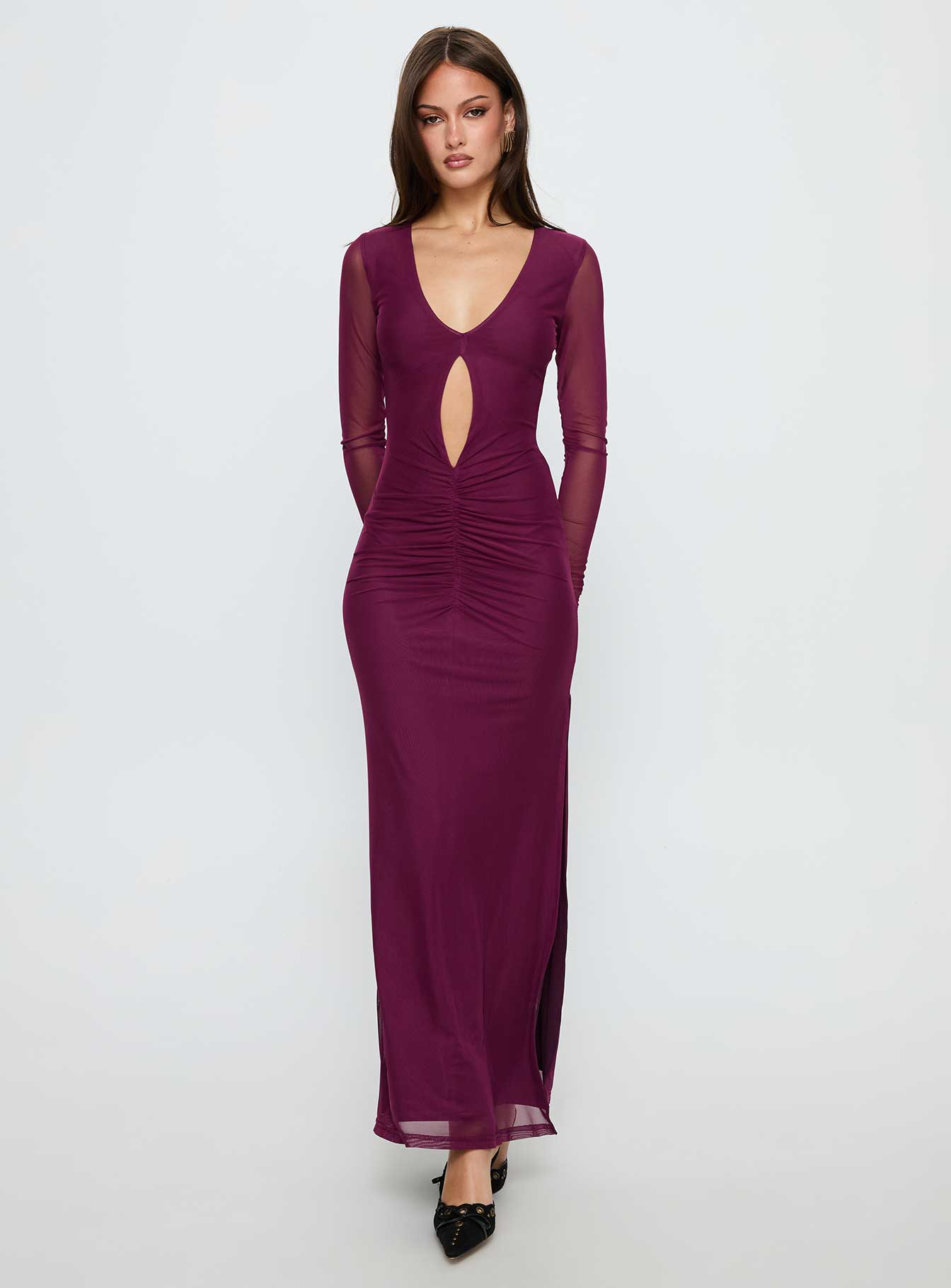 Darkside Long Sleeve Cut Out Plunge Maxi Dress | Plum | Womens | Princess Polly Lower Impact Darkside Long Sleeve Cut Out Plunge Maxi Dress | Plum | Womens | Princess Polly Lower Impact