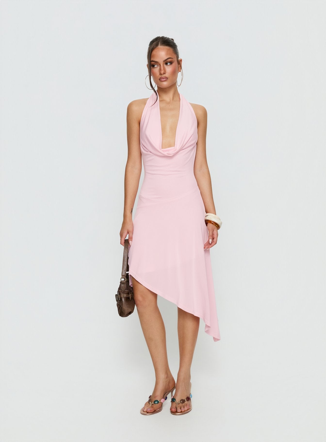Yesina Halter Jersey Midi Dress Pink