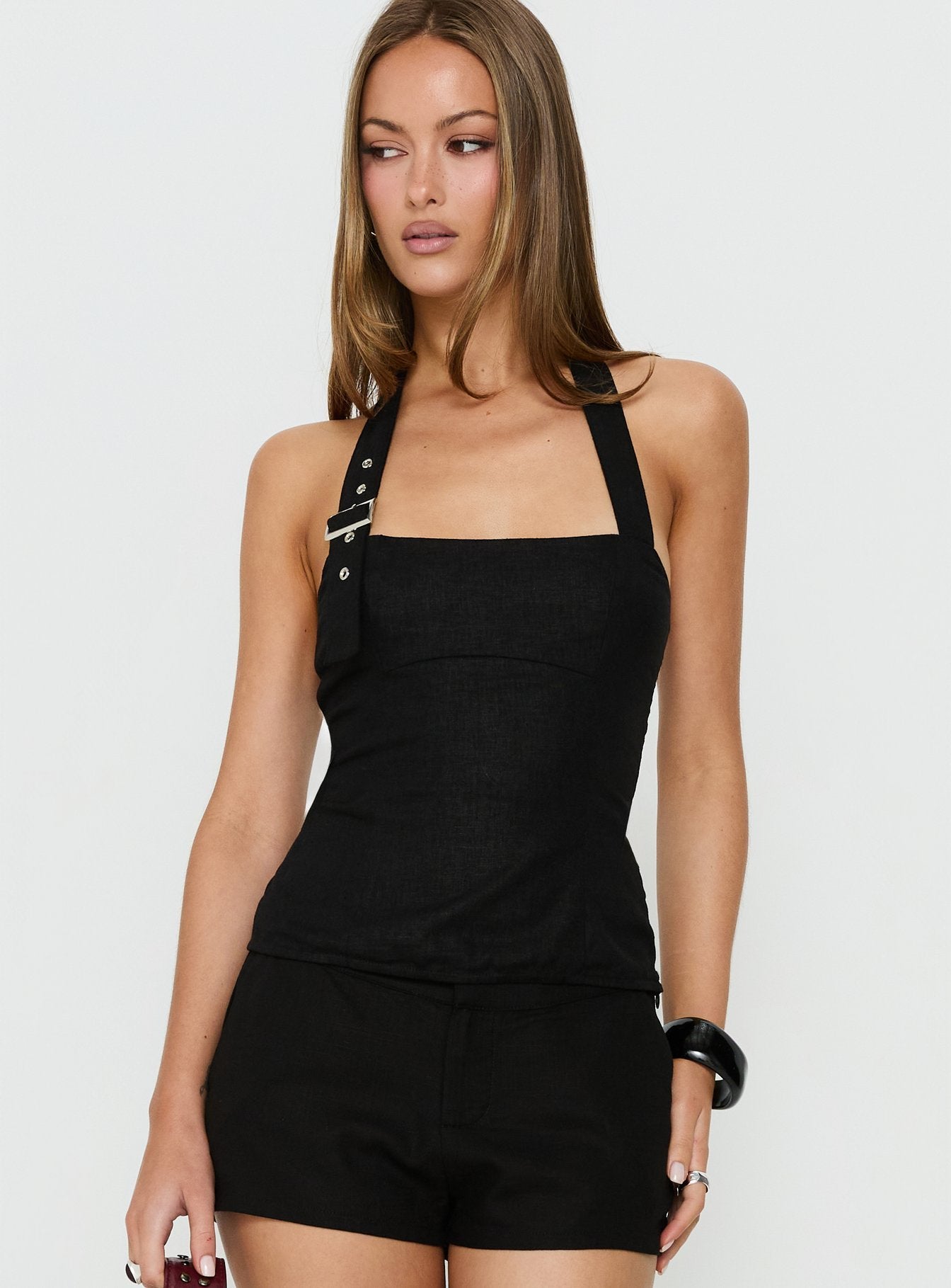 Hotshot Panelled Linen Blend Buckle Top Black | Princess Polly