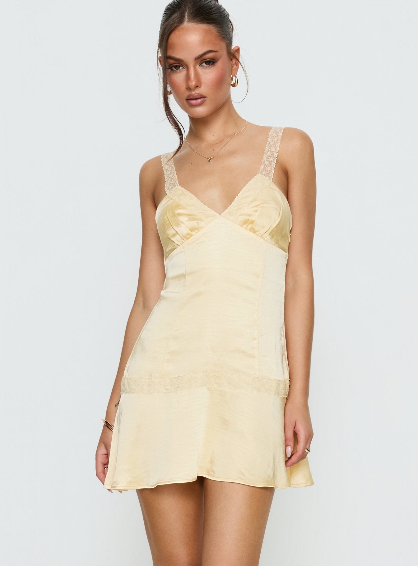 Sybelle Lace Drop Waist Mini Dress Yellow | Princess Polly Sybelle Lace Drop Waist Mini Dress Yellow | Princess Polly