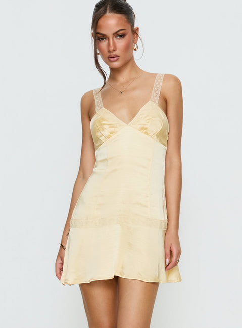 Sybelle Lace Drop Waist Mini Dress | Yellow | Womens | Princess Polly Lower Impact Sybelle Lace Drop Waist Mini Dress | Yellow | Womens | Princess Polly Lower Impact