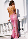 back view of model wearing Princess Polly Beverlie Halter Maxi Dress Pink Floral Plunger 