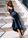 front view of model wearing Princess Polly Aphrodyte Lace Maxi Dress Navy Plunger 