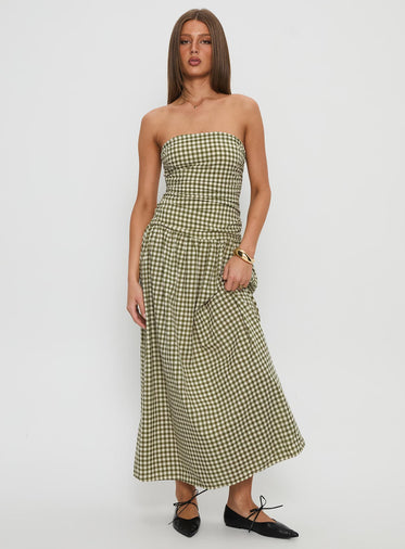 Frankey Strapless Drop Waist Maxi Dress Green Check