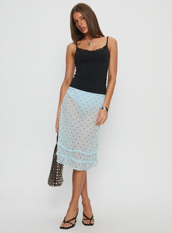   side view of model wearing Princess Polly Lyza Sheer Midi Skirt Blue Polka Midi Skirts 