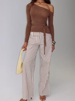 back view of model wearing Princess Polly Vendi Low Rise Pant Brown Stripe Low Rise Pants 