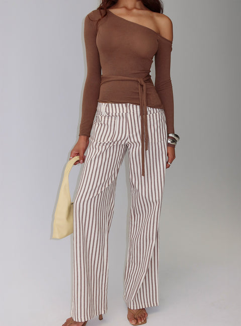 back view of model wearing Princess Polly Vendi Low Rise Pant Brown Stripe Low Rise Pants 